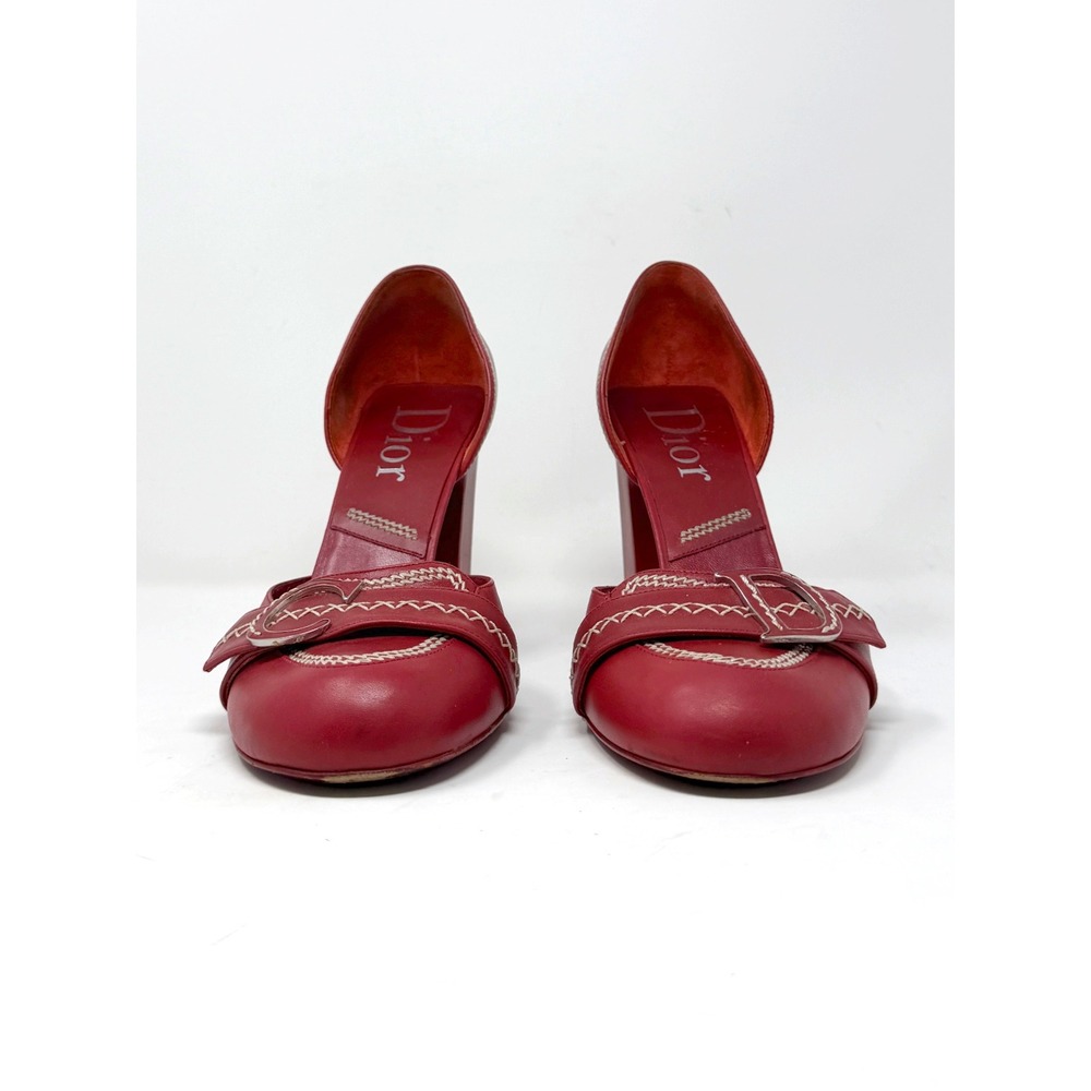Dior Spring 2005 Red Leather Whipstitch CD Buckle dOrsay Block Heels 41 - Picture 5 of 12